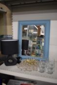 Household Items Including Framed Mirror, Table Lamp, Light Fitting, and Glasses