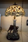 Decorative Table Lamp with Horse Figure and Mosaic Glass Lampshade