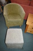 Green Upholstered Tub Chair and a Cube Pouffe