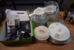Assorted Kitchenware Including Pyrex Dishes, Sieves, etc.