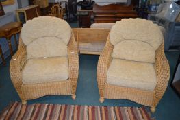 Pair of Rattan Conservatory Chairs with Gold/Beige Cushions