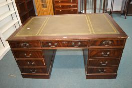 Large Mahogany Effect Desk with Tooled Leather Top and Nine Drawers 5ft long x 3ft wide