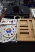 Quantity of Art Equipment Including Pallets, Paints, Watercolour Book, etc.