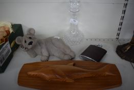 Household Items Including Crystall Decanter, Bear Ornament, Wooden Dolphin Plaque, and a Hip Flask