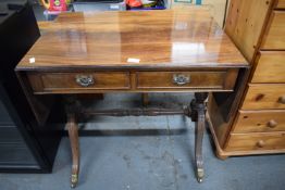 Vintage Mahogany Two Drawer Drop Leaf Desk on Brass Castors 132cm wide (extended) x 55cm deep x 75cm