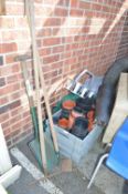Crate of Plastic Garden Plant Pots, and Wooden Handled Tools