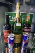 3x Bottles of Assorted Alcohols, and 2x Cans of Red Bull