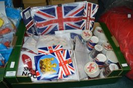 Box of England Football Partyware Including Balloons, Flags, Disposable Cups, etc.