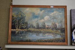 Framed Oil on Canvas Pond Scene Signed E.D. Lloyd