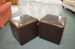 2x Brown Faux Leather Square Pouffes