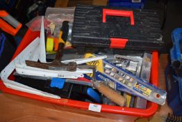 Tub of DIY Equipment Including Screws, Saw, Trowels, Toolboxes, Tape Measures, etc.