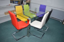Glass Dining Table on Chrome Legs 150x90cm x 75cm high, with 6x Chrome Framed Chairs (damage to