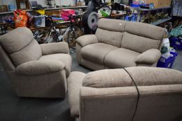 Beige 3pc Suite Comprising of Two Seat Sofa, Electric Recliner, and an Armchair (mark on one arm)
