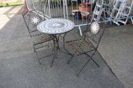Circular Mosaic Top Bistro Table with 2x Folding Wrought Iron Chairs
