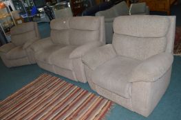 Oatmeal Upholstered 3pc Suite Comprising Two Seat Sofa, Recliner, and Armchair