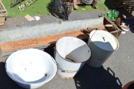 Farmyard Feeding Trough, Enamel Buckets and Bowls, etc.