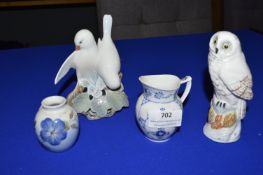 Royal Copenhagen Small Pots and Bird Figure, plus Crown Pottery Owl