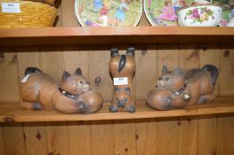3x Carved Wooden Cats