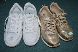 2x Pairs of Skechers: Sneakers Size: 9 and Gold Reflective Trainers Size: 8 (preworn)