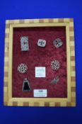 Display Frame Containing 6x Silver Brooches and 1x Pendant ~38g total