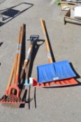 Budle of Wooden Garden Tools, and 2x Snow Shovels