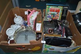 2x Boxes of Assorted Household Goods, Pottery, Handbags, Mugs, etc.