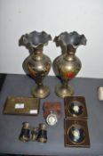 Pair of Brass Vases, Cameos, Cribbage Board, and Opera Glasses