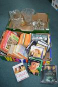 2x Boxes of Household Goods, Glass Vases, Candlesticks, Books, CDs, etc.
