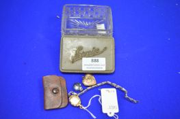 Vintage Glass Trinket Box Containing Wristwatch, Painted Locket, etc.