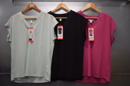 *3x Three Dots V-Neck Cap Sleeve Tops Size: M (1x mint, 1x black, 1x mulberry)
