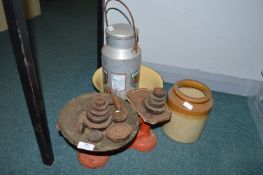 Cast Iron Kitchen Scales plus Enamel Bowl etc.