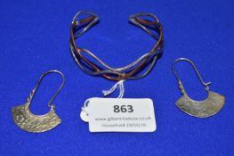 Sterling Silver Two Tone Bangle and Pair of Earrings ~24g total
