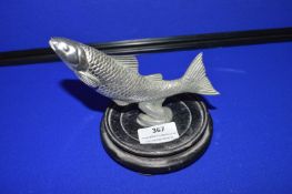 White Metal Salmon Car Mascot on Wooden Mount