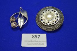 2x Silver Brooches Including One with Mother of Pearl Inlay ~17g total