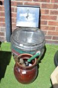 Metal Beer Barrel Planter, plus Pot of Vintage Tools