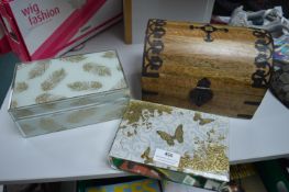 2x Glass Jewellery Boxes and a Wood Treasure Chest