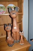 3x Carved Wooden Cats