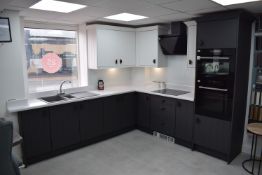 * L-Shape Kitchen Display with Simulated Quartz Top (250x260cm) Including Plinth Heater, Franke Bowl