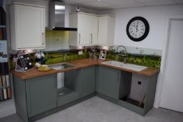 * Sage Green L-Shape Kitchen Display (240x190cm) with Cream Wall Units Including Blanco Bowl &