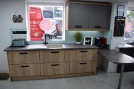 * Galley Kitchen Display in Woodgran Finish (252cm long) with L-Shape Breakfast Bar with Corner