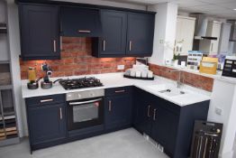 * L-Shape Kitchen Display in Navy Blue Satin Finish with Copper Handles (165x228cm) Including Blanco