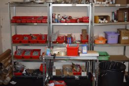 * Three Bays of Medium Duty Boltless Shelving Including Plastic Storage Bins and Contents of Conti