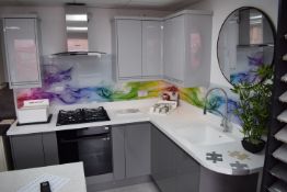 * L-Shape Kitchen Display (~200x215cm) with White Corrian Style Worktop, Upstand to Rear, Pale