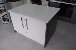 * Island Unit (94x128cm x 88cm high) with Quartz Top, Ivory High Gloss Doors and Grey End Panels