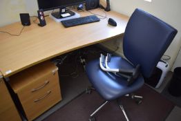 * Shaped Office Desk with Righthand Return (160x100cm), Two Drawer Filing Unit, and Blue Vinyl