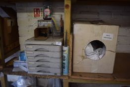 * Box of Cleaning Cloths, Filing Unit, Roll of Plastic, and Glass