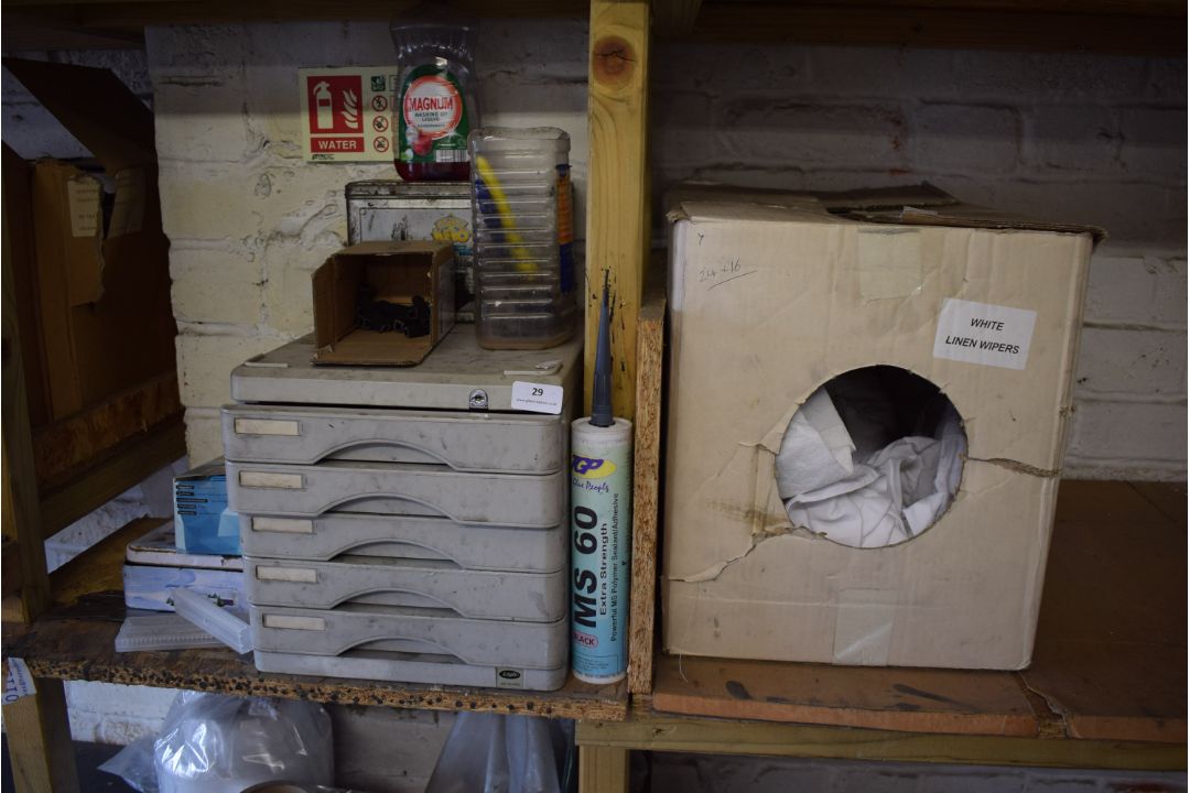 * Box of Cleaning Cloths, Filing Unit, Roll of Plastic, and Glass - Image 1 of 2