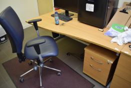 * Shaped Office Desk with Lefthand Return (160x100cm), Two Drawer Filing Unit, and Blue Vinyl