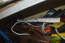 Box of Assorted Tools Including Saws, Tile Cutter, Drivers, etc.
