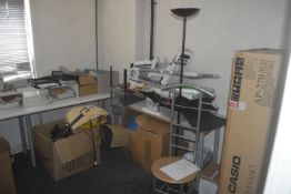 * Contents of Office to Include 2x Side Tables, 1x Work Unit with Raised Platform, Uplighter,